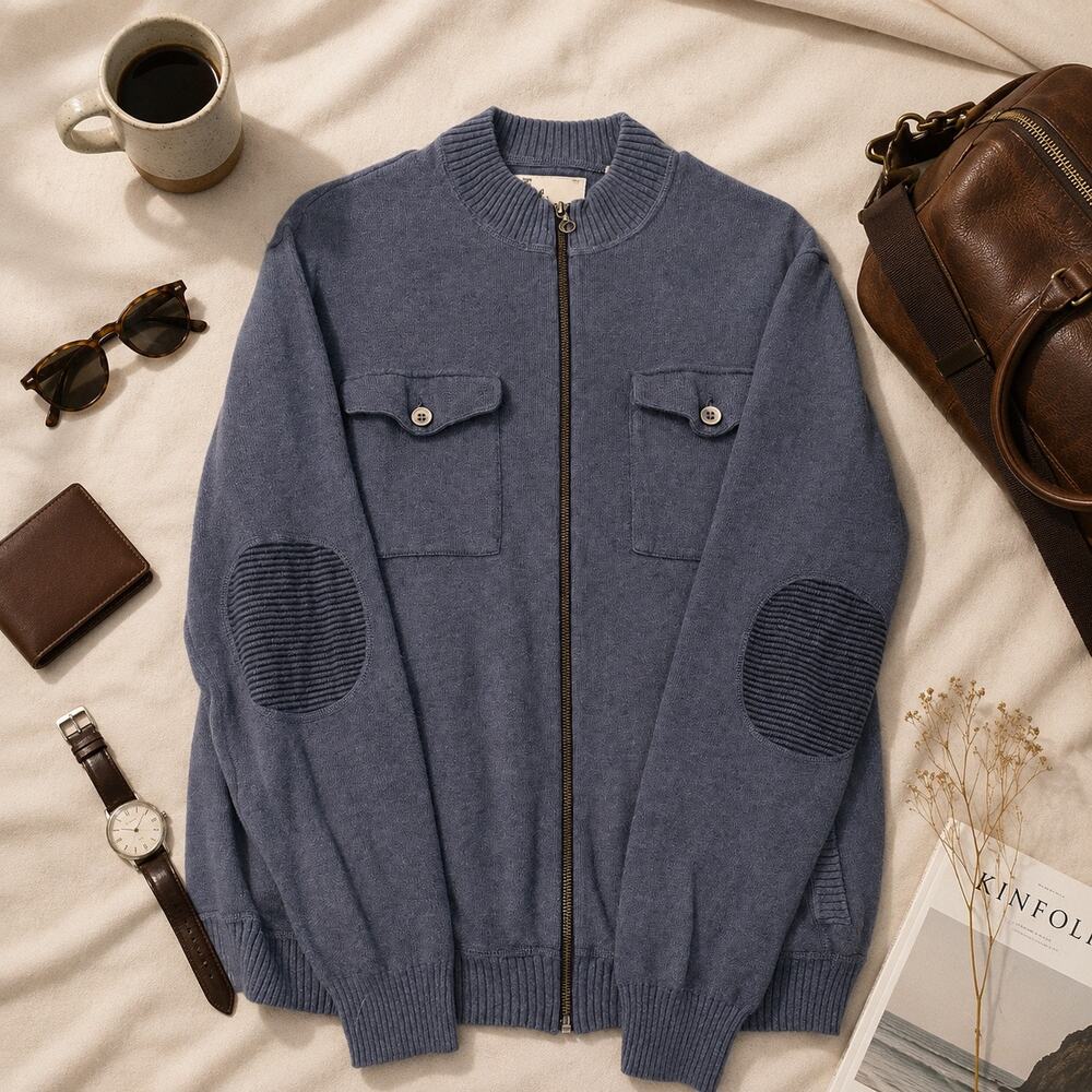 Linksoul Men’s Blue Gray Cotton Cashmere Full Zip Sweater Jacket